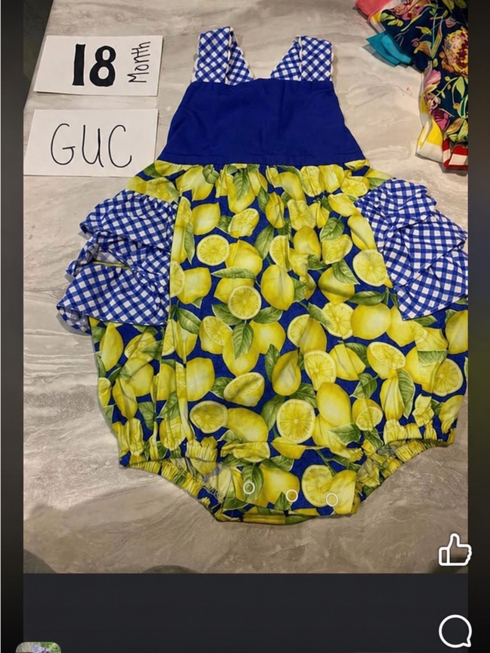Ricrac &ruffles Blue & Yellow Lemon Print Baby Bubble Romper - 18 Months